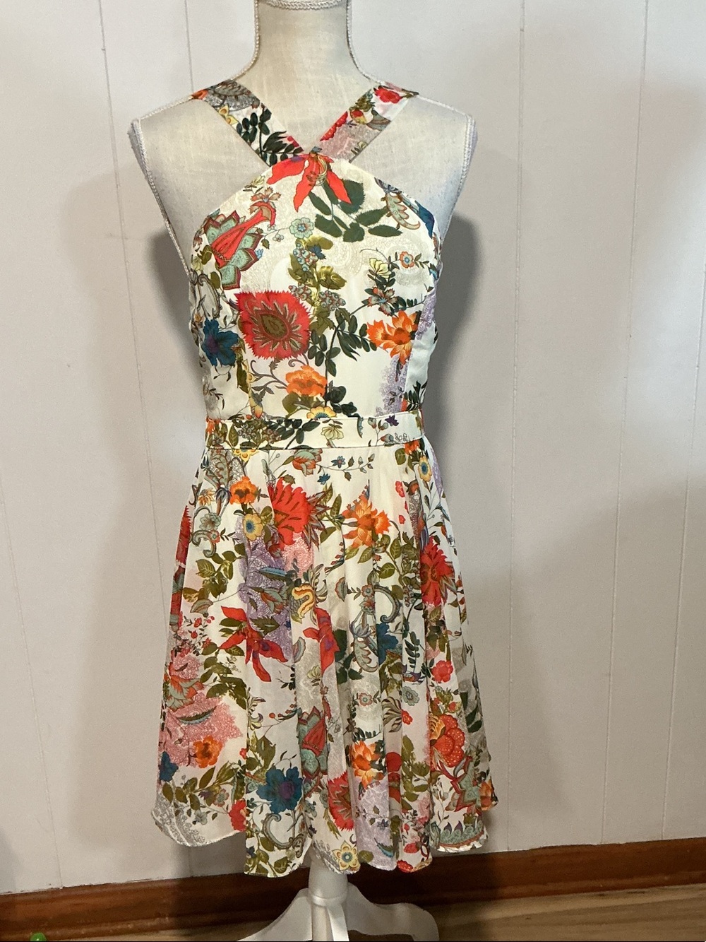 Lulu's White Floral Cross-Strap Mini Dress with Multi-Color Print